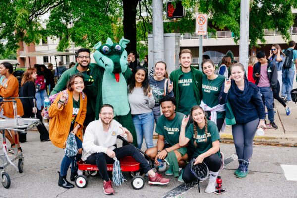 2019 Gurney Derby. Group of UAB Trailblazers are posing with Blaze for a photograph after the racing competition. Photo by Andrea Mabry | UAB.